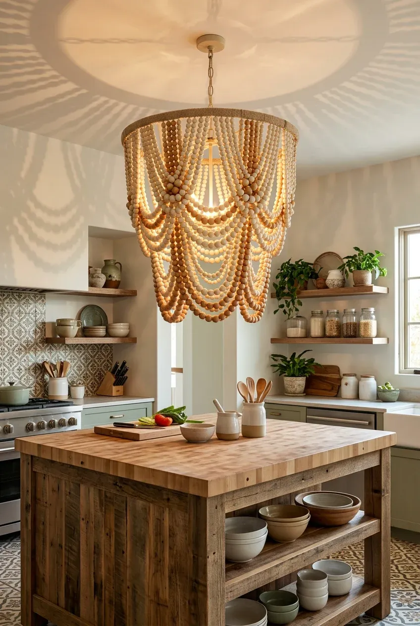 A large wooden beaded chandelier hanging over a kitchen island in a whimsical boho kitchen.