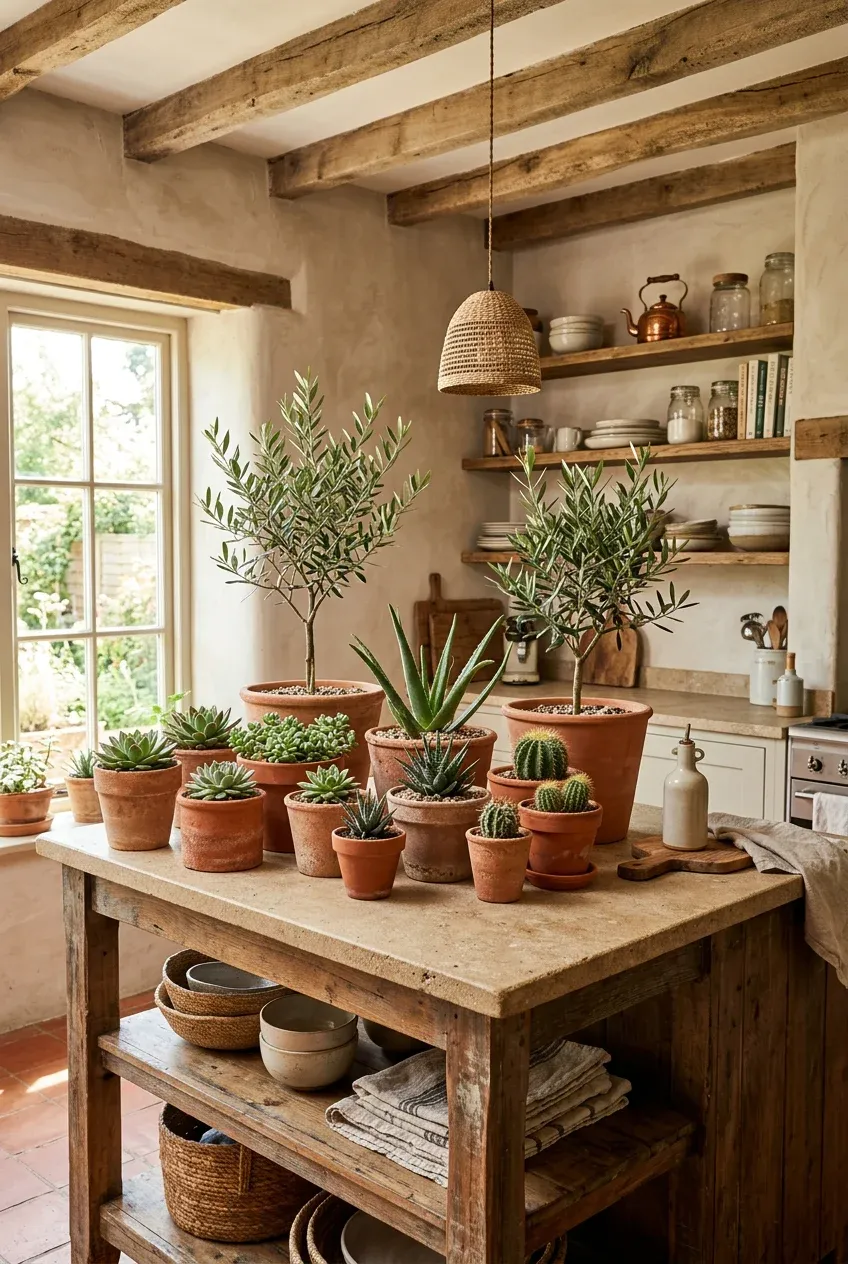 A group of terracotta pots with green plants on the corner of a boho kitchen island.