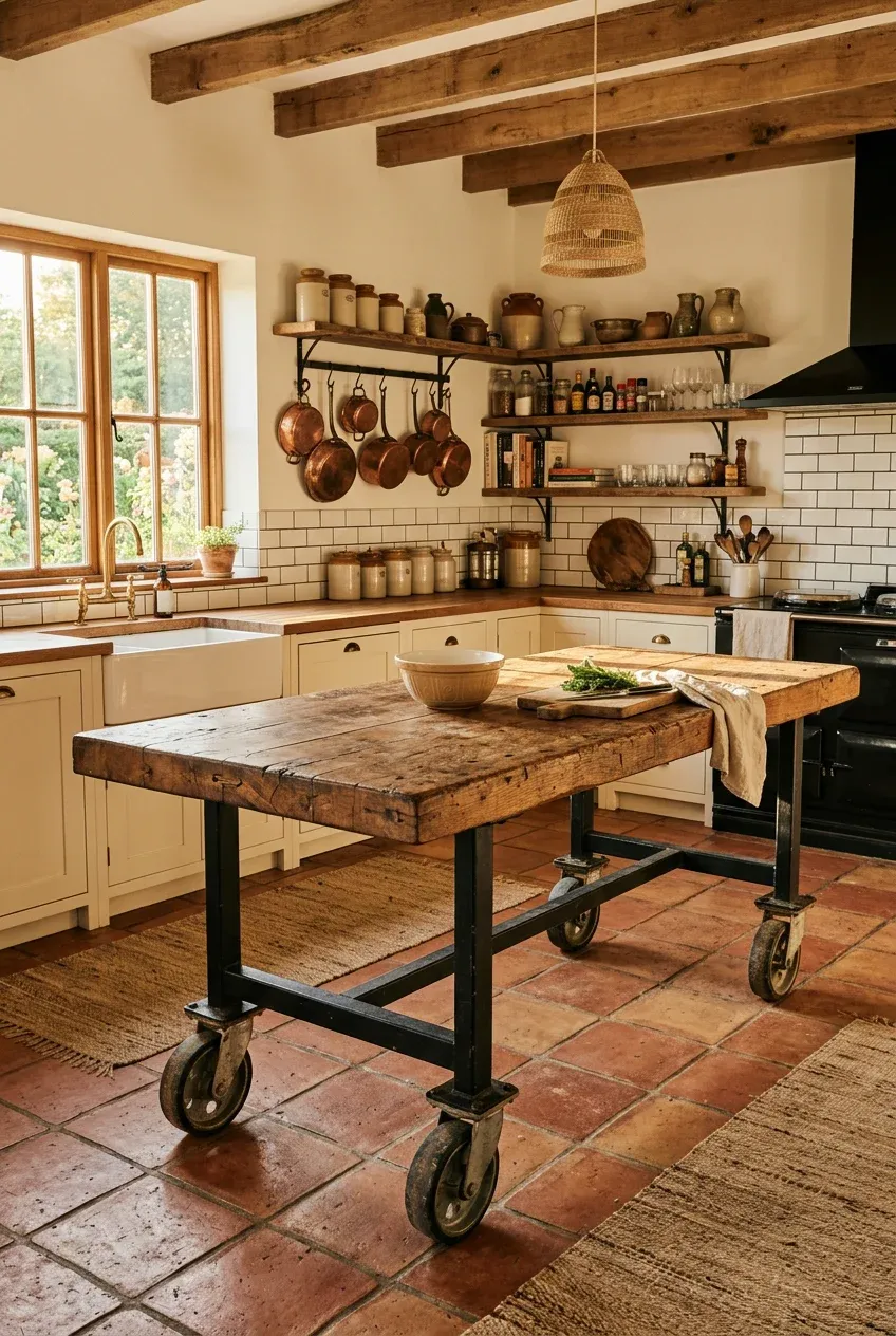 A rugged industrial workbench with heavy metal casters used as a kitchen island in a boho farmhouse.