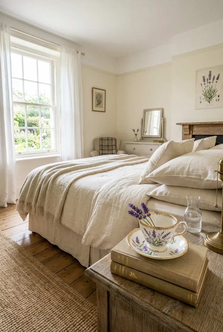 A floral bone china teacup with gold trim holding lavender on a nightstand in a bright bedroom.