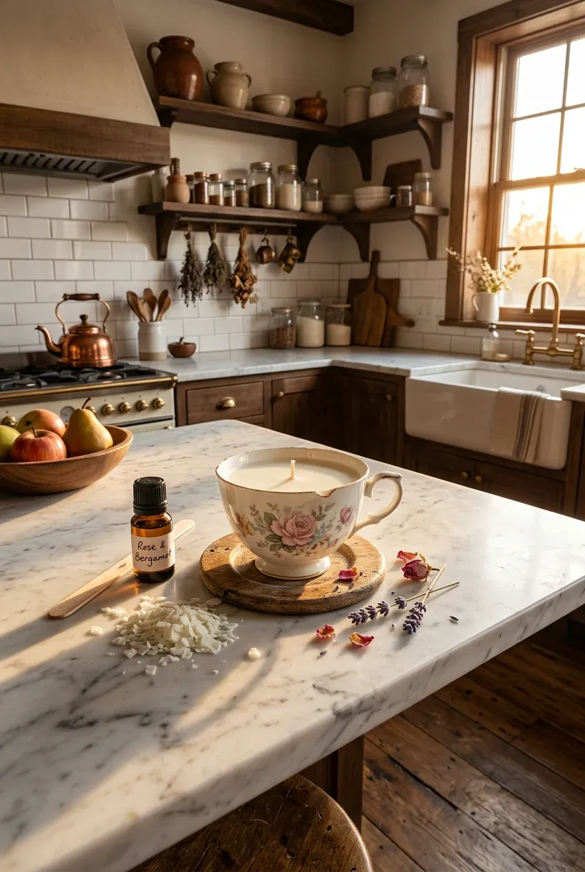 A handmade soy wax candle inside a vintage rose-patterned teacup on a marble kitchen island.