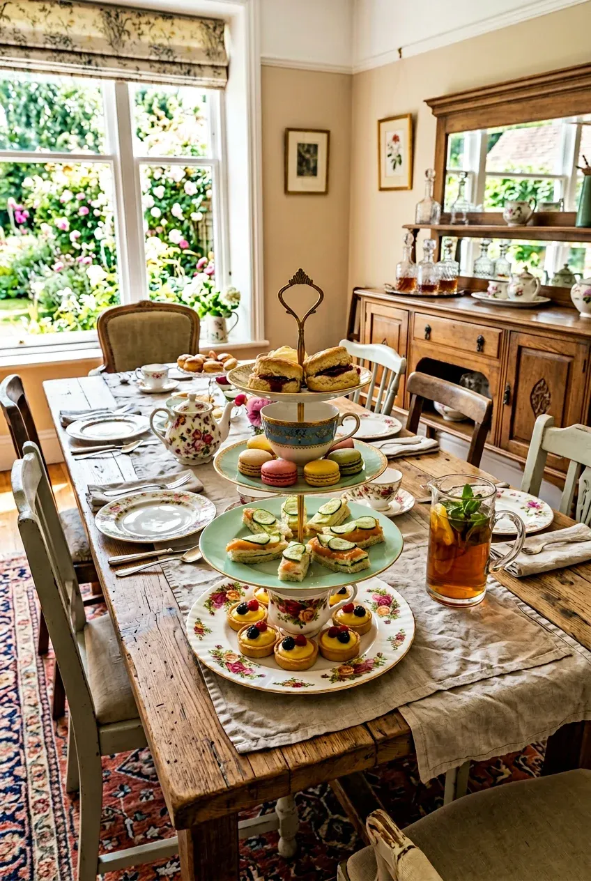A three-tier dessert stand made from mismatched vintage plates and teacups on a dining table.