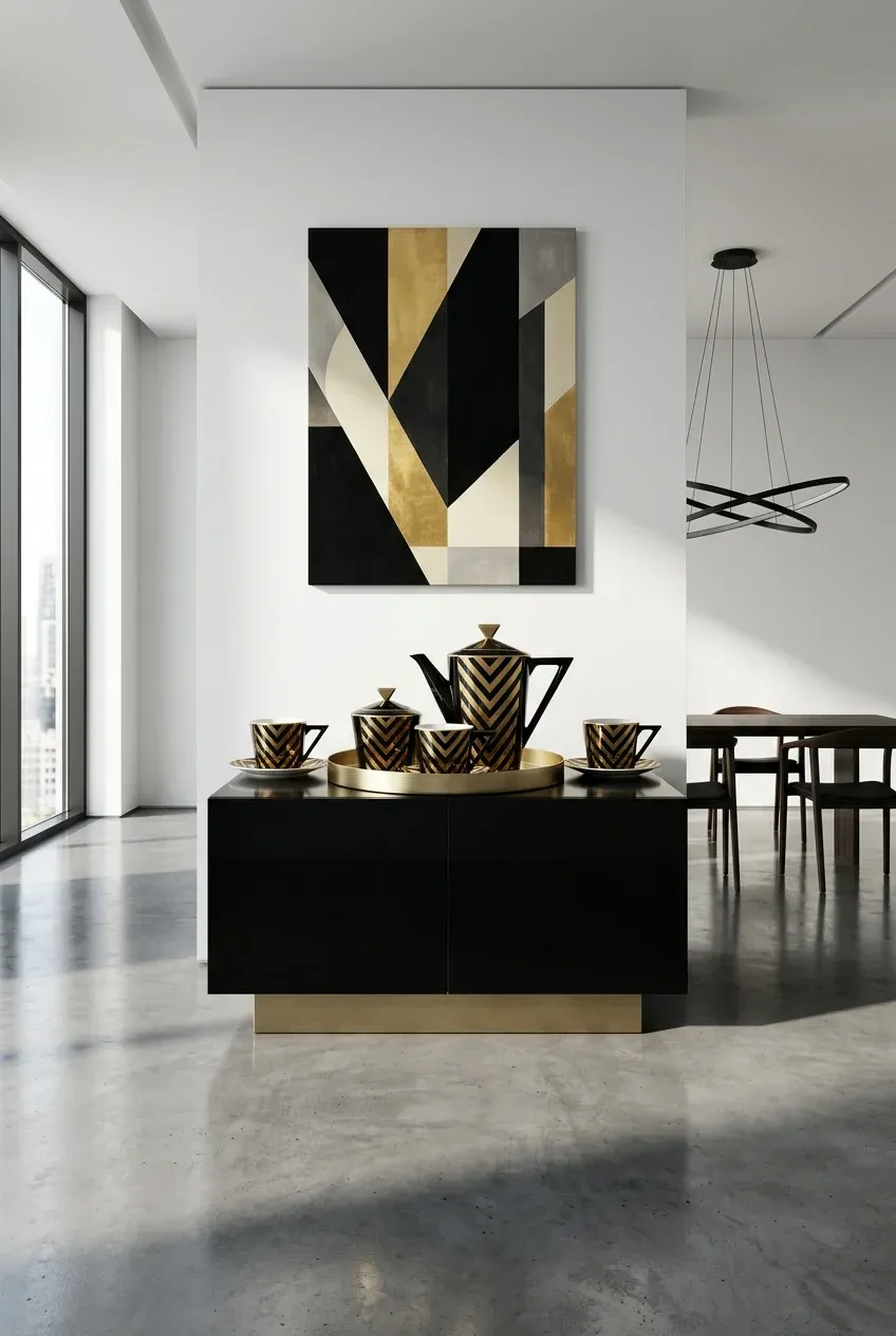 A bold black and gold Art Deco tea set displayed on a brass tray in a minimalist dining room.