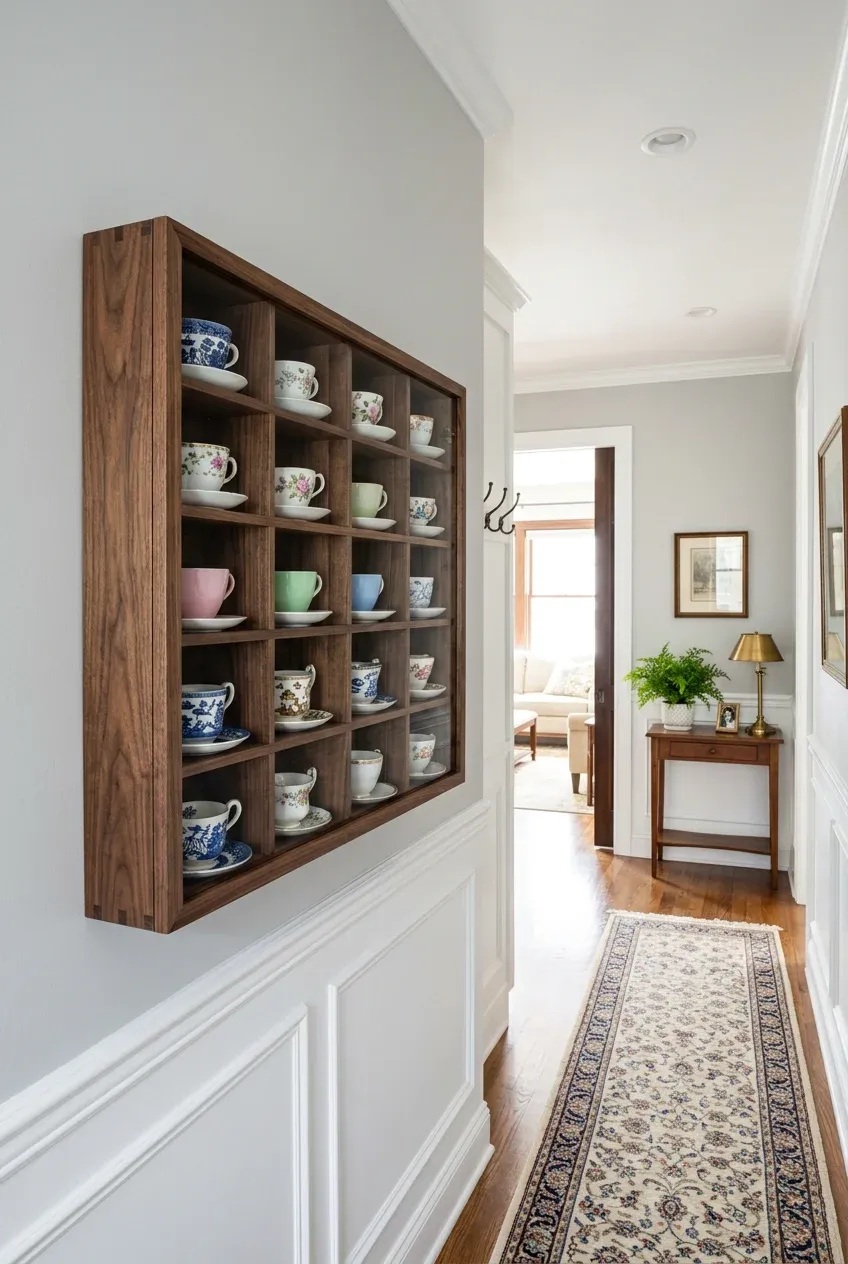 A wooden shadow box on a hallway wall displaying a collection of miniature porcelain teacups.