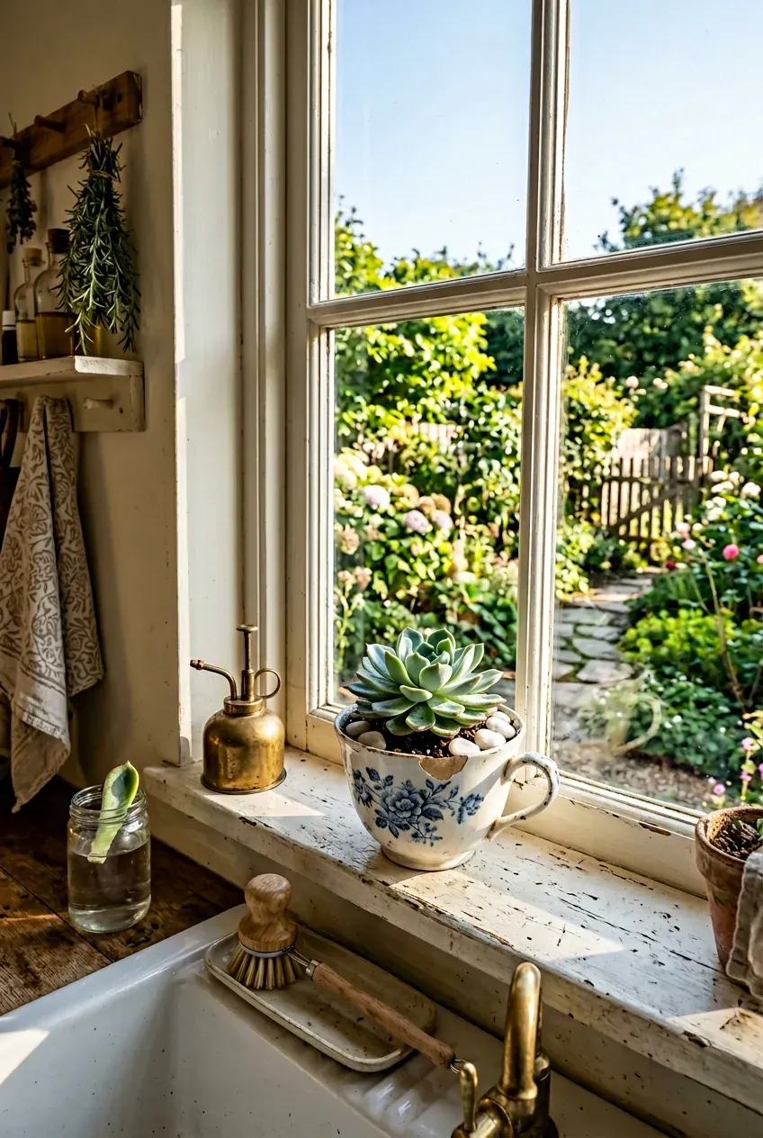 A small green succulent growing in a chipped vintage floral teacup on a sunny kitchen windowsill.