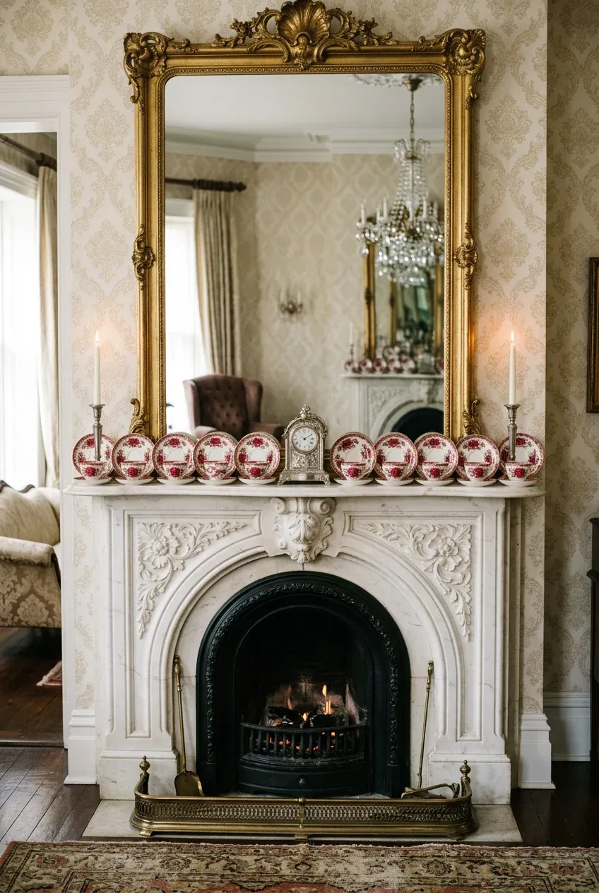 Red Victorian rose transferware teacups and saucers arranged on a white marble fireplace mantel.