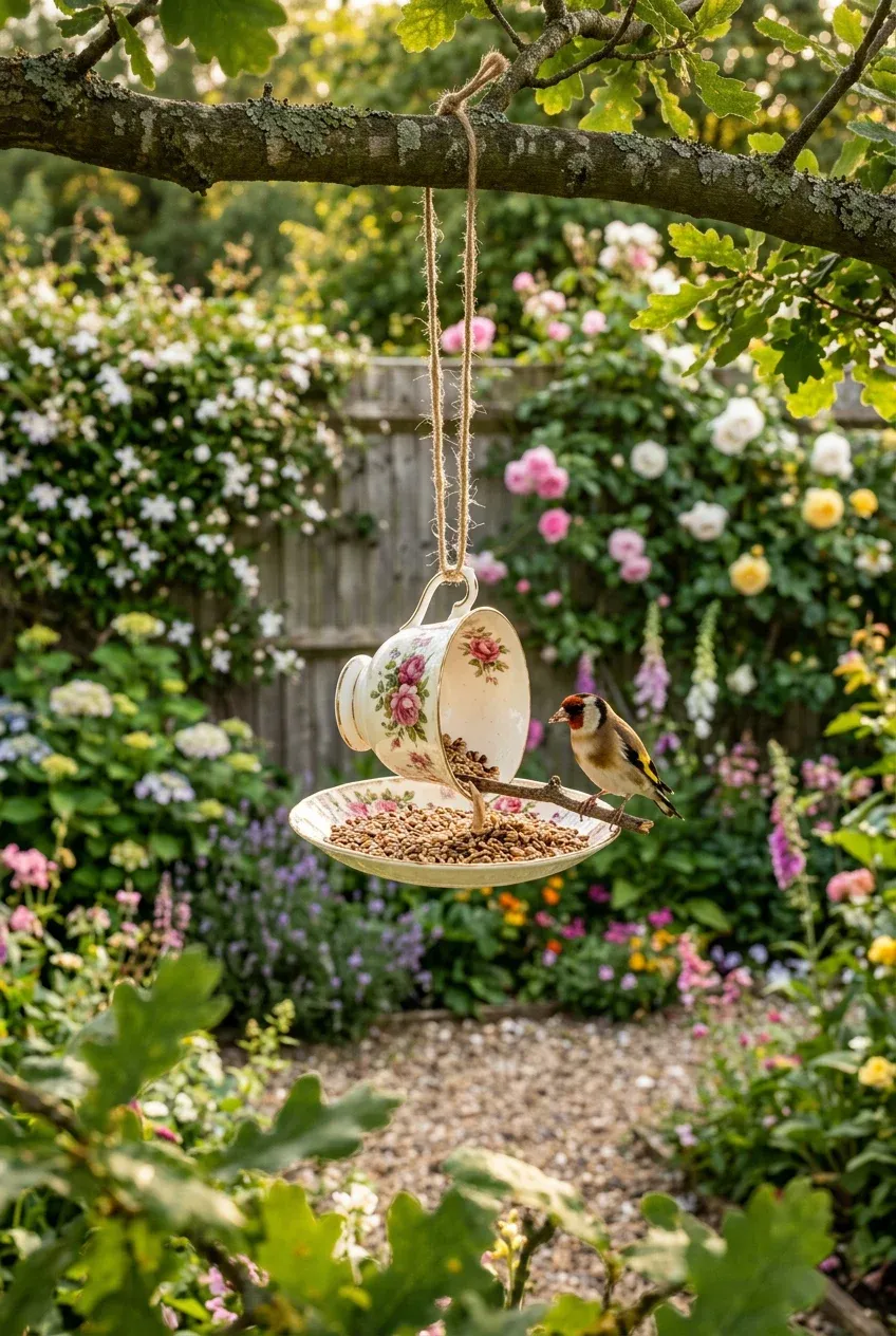 A vintage floral teacup bird feeder hanging from a tree branch in a sunny, lush garden.