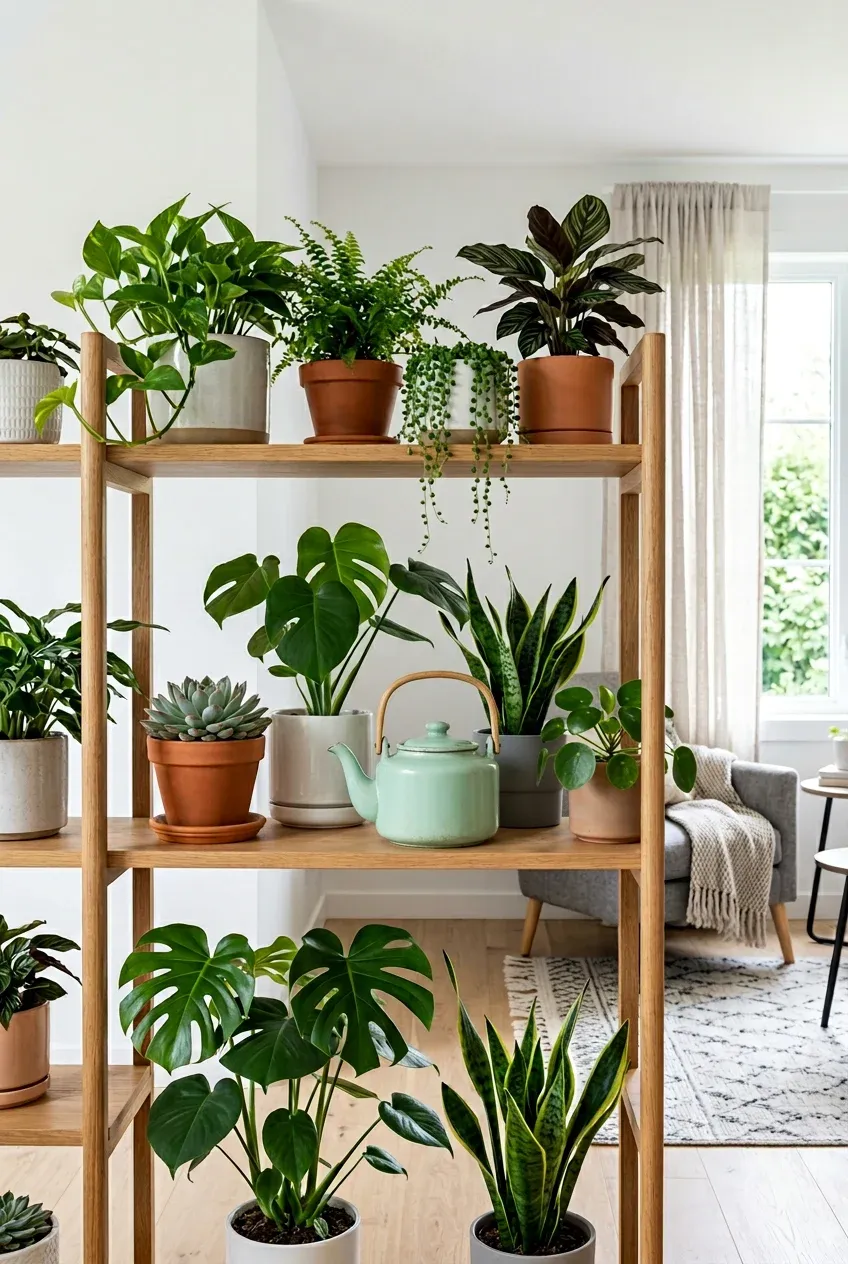 A mint green mid-century modern teapot sitting on a wooden shelf among various indoor houseplants.