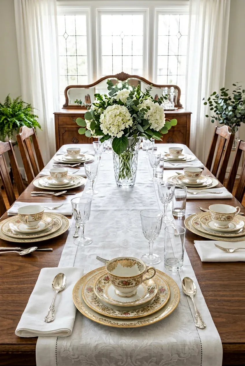 A sophisticated dining table set with vintage gold-rimmed teacups and silver spoons for a formal brunch.