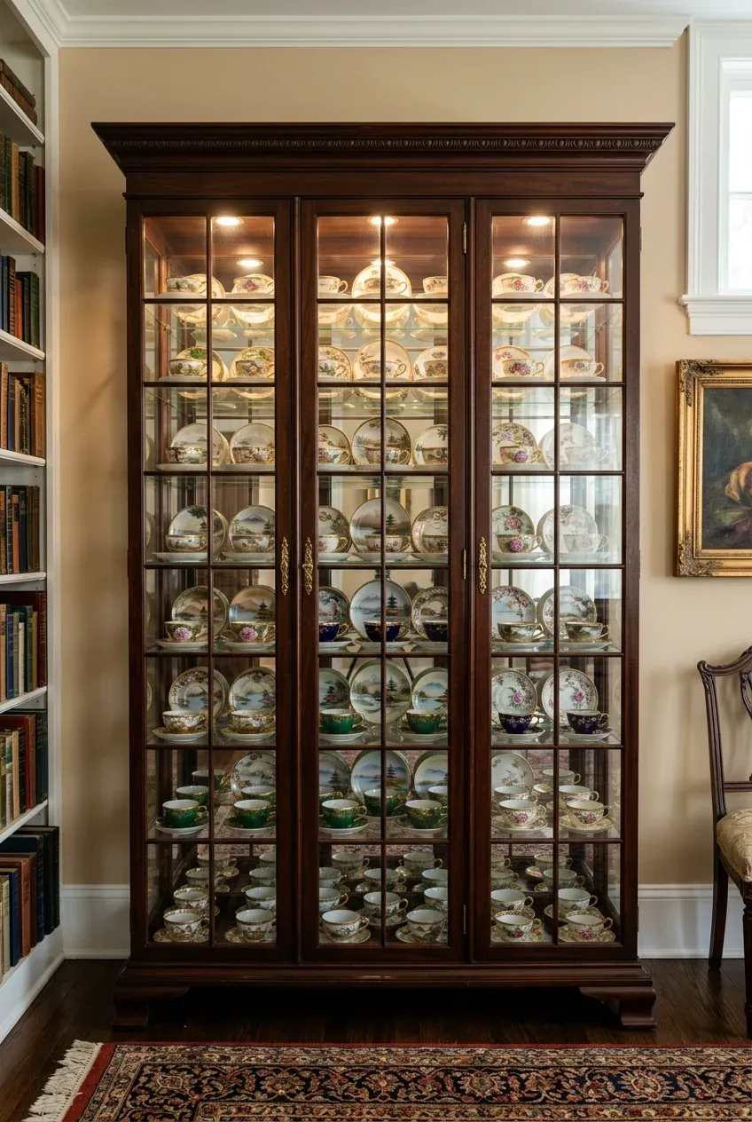 A tall mahogany glass cabinet displaying a collection of rare hand-painted Nippon porcelain teacups.
