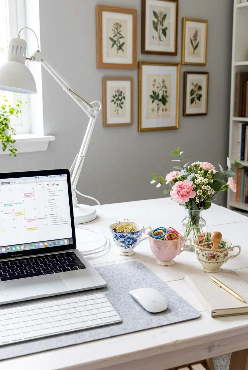 A white home office desk with vintage teacups holding paperclips and stationery supplies.