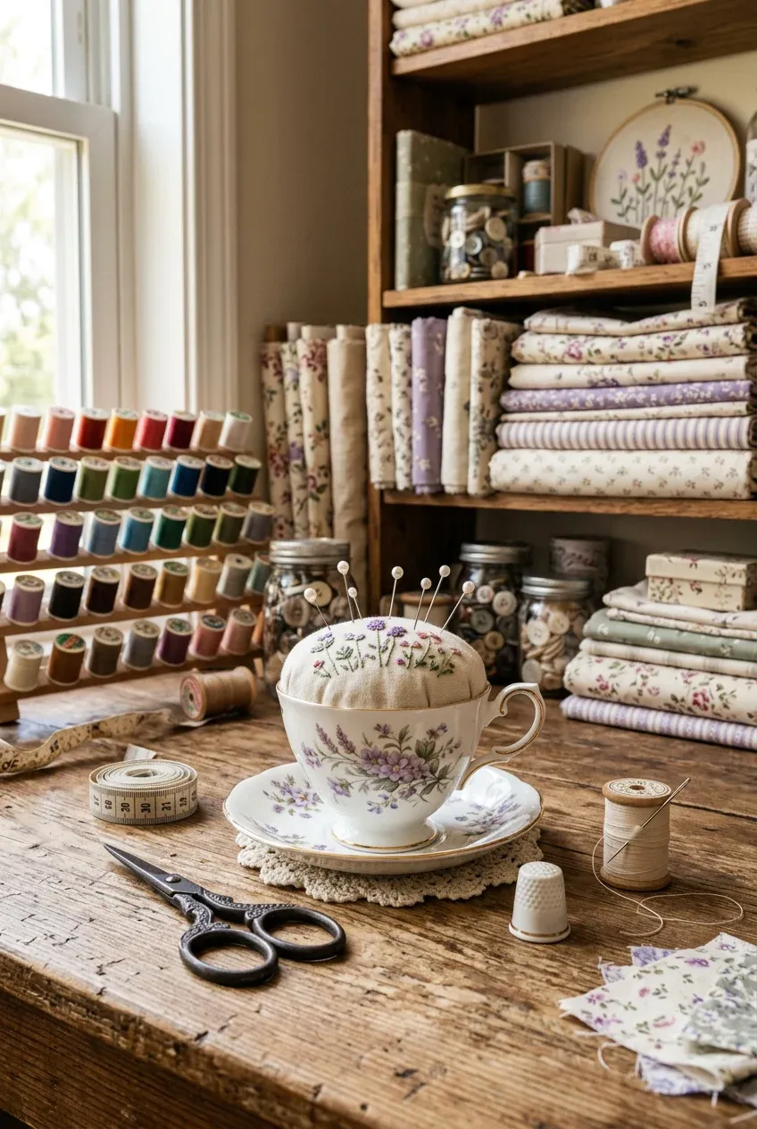 A decorative vintage teacup turned into a pin cushion sitting on a wooden sewing table.