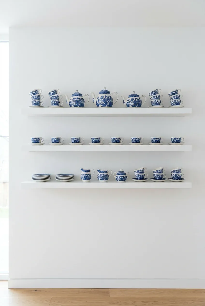 White floating shelves displaying a color-coordinated collection of blue and white vintage tea sets.