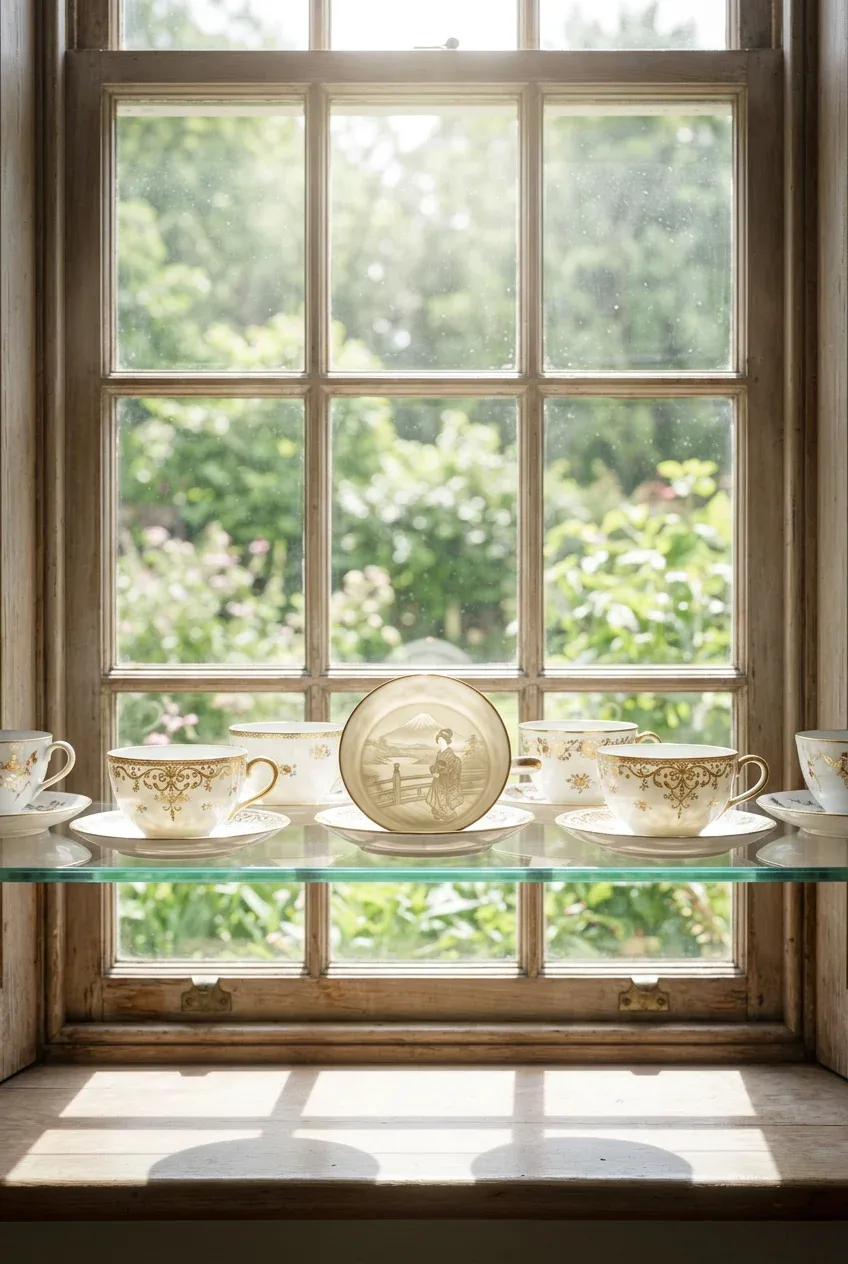 Translucent Japanese eggshell teacups on a window shelf with sunlight revealing hidden images in the porcelain.