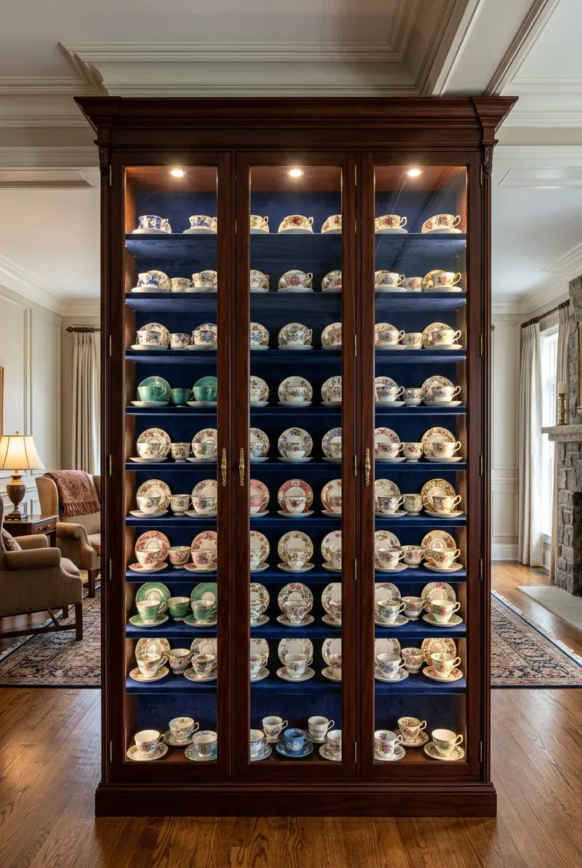 A large mahogany display case with navy velvet shelves filled with colorful vintage teacup sets.