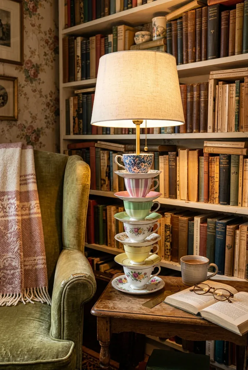 A creative DIY lamp made of stacked vintage teacups on a table in a cozy library corner.