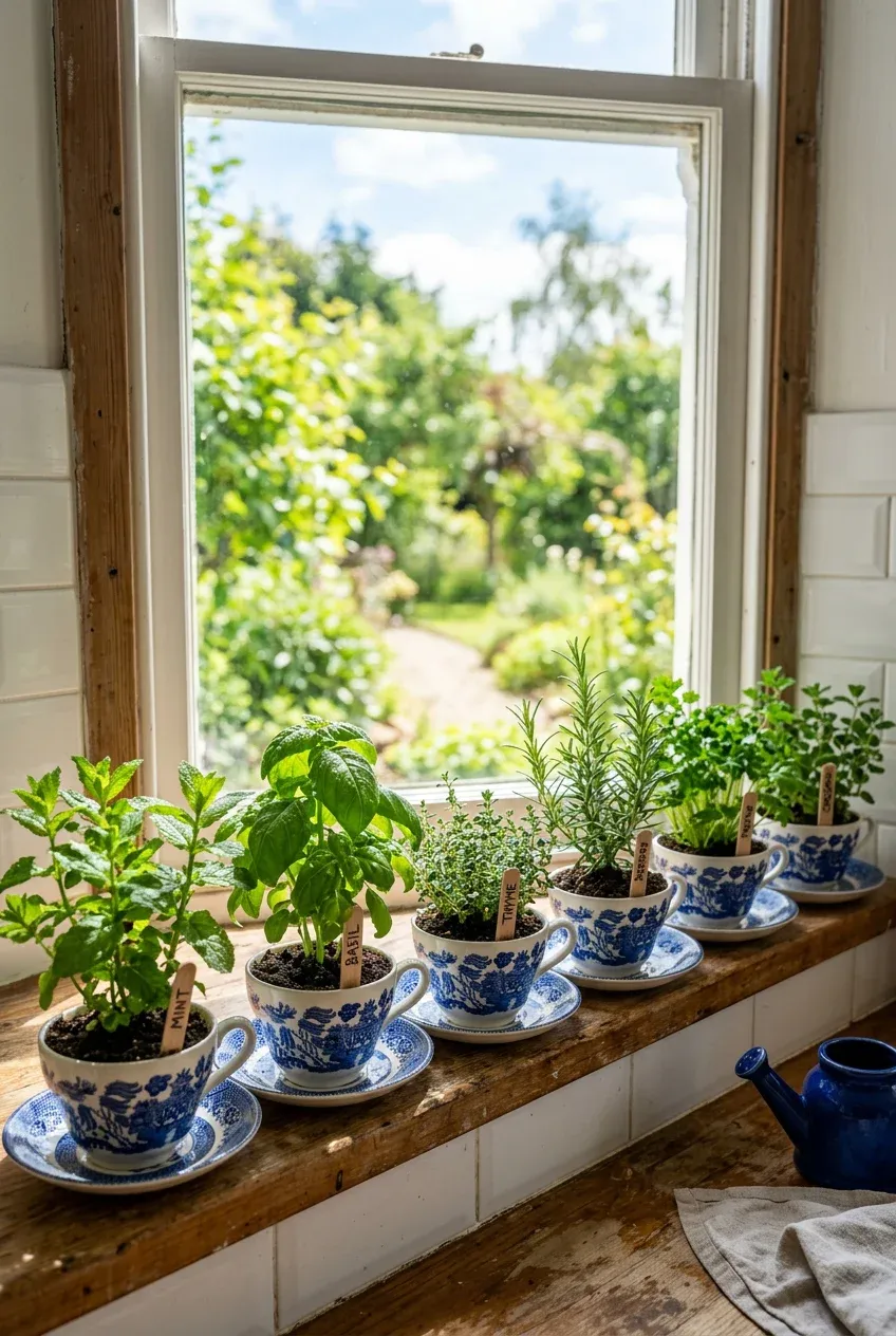 Fresh green herbs growing in blue and white vintage teacups on a sunlit kitchen windowsill.
