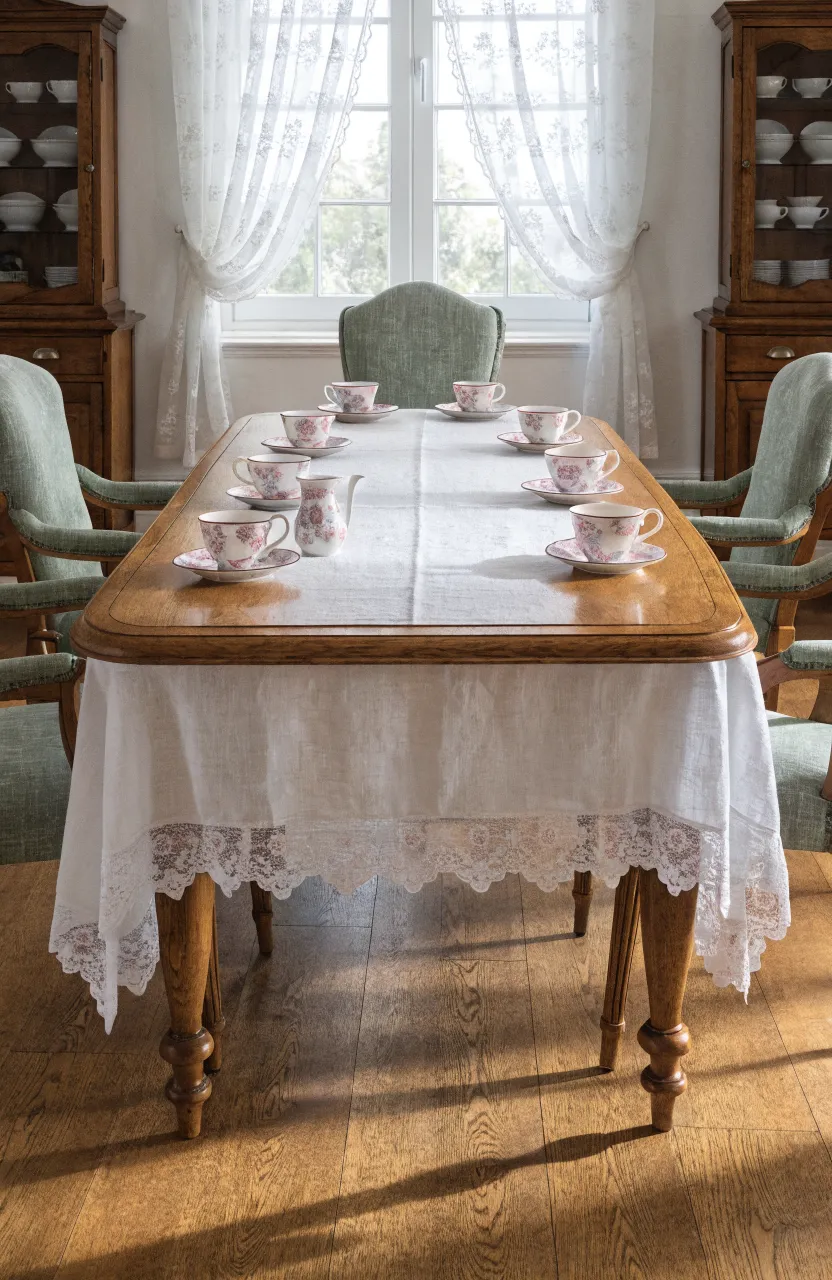 A sunlit vintage dining room with a wooden table featuring floral chintz bone china teacups.