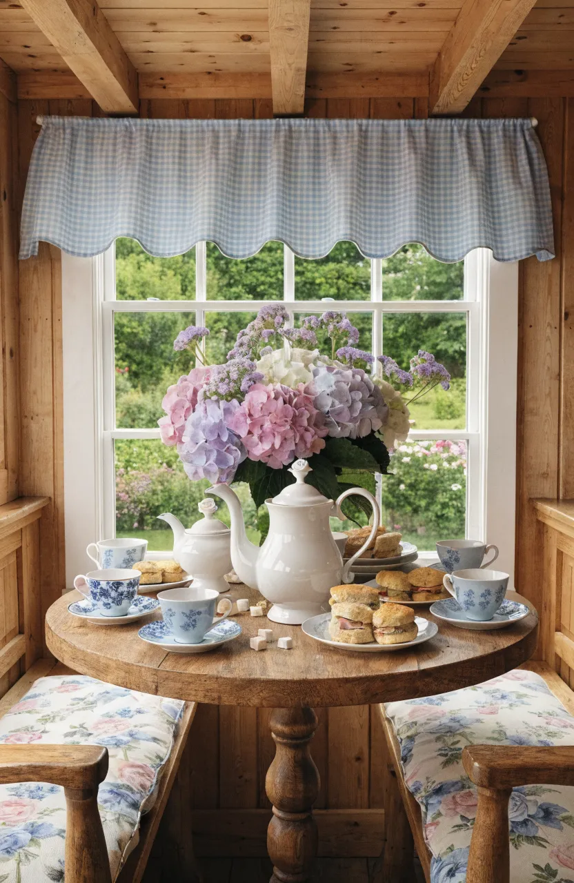 A white pedestaled teapot with a swan-neck spout on a table in a bright cottage kitchen.