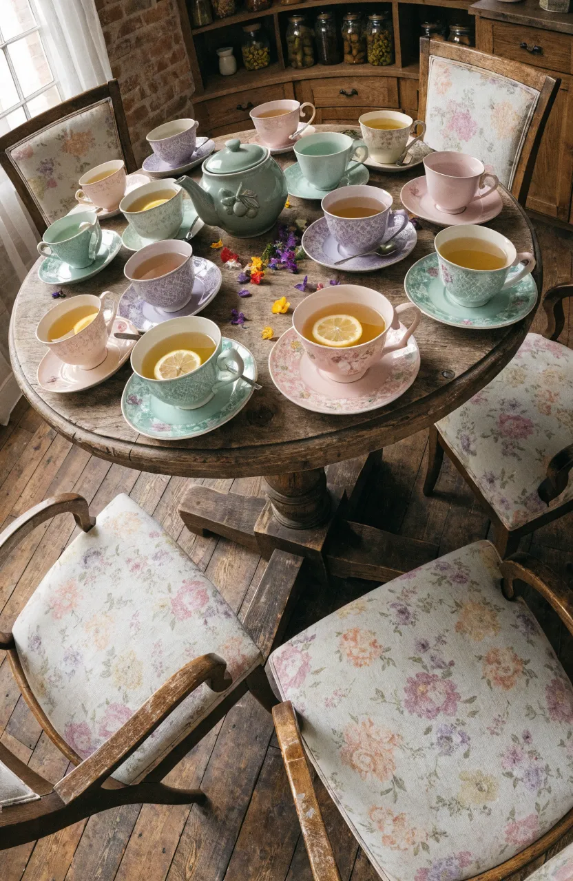 A variety of mismatched pastel-colored saucers and teacups on a rustic wooden table.