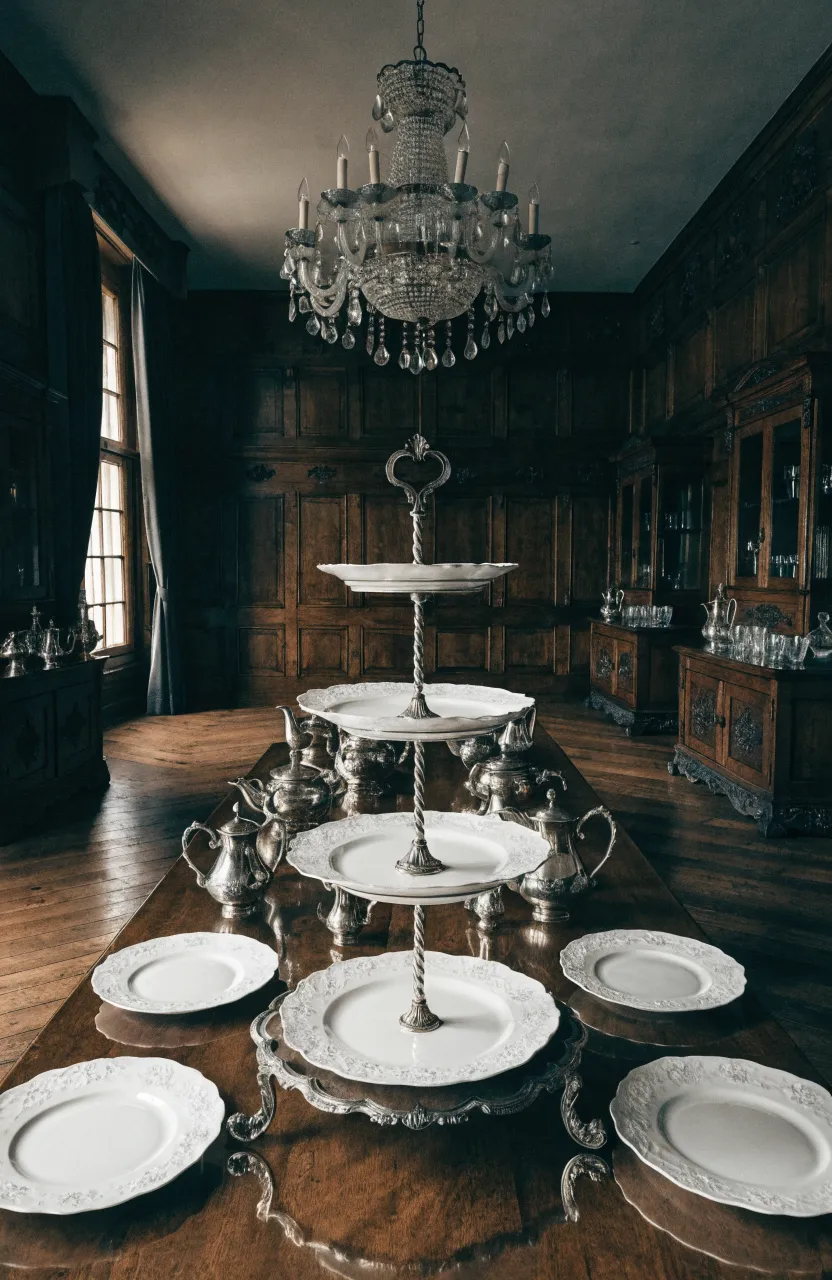 A three-tiered silver serving stand with vintage patina on a formal dining table.