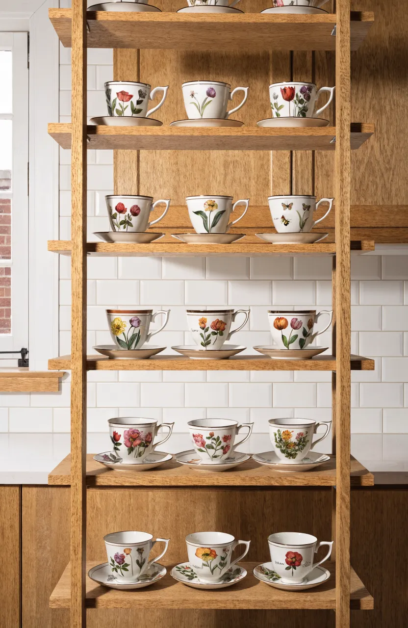 Teacups with hand-painted botanical designs displayed on open wooden kitchen shelves.