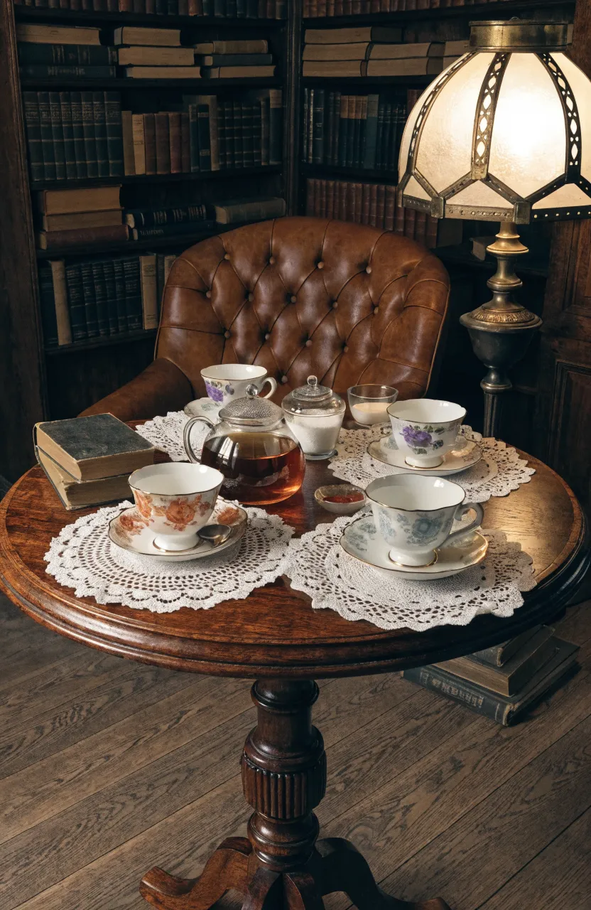 Intricate lace doilies under antique teacups on a dark wood table in a cozy library.