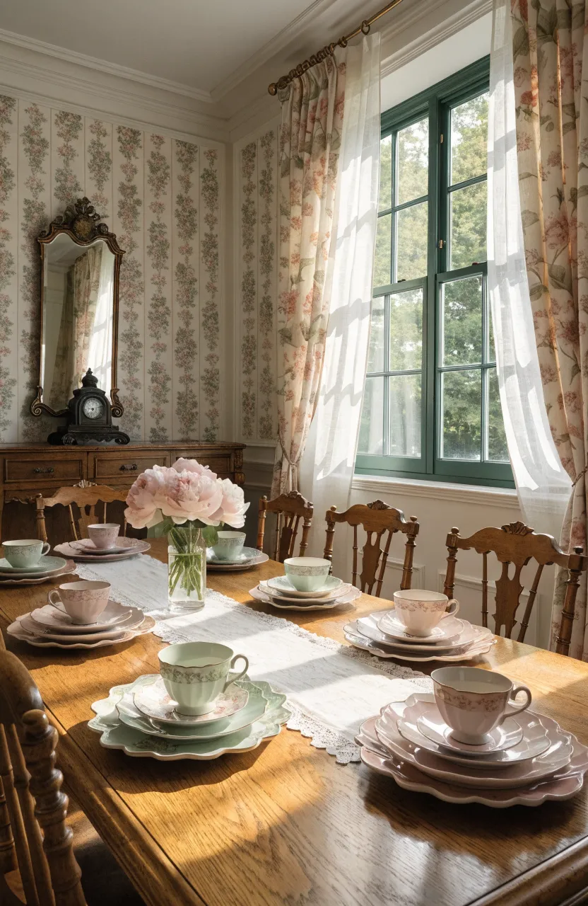 A wide shot of a dining table set with vintage scalloped-edge ceramic plates and teacups in a traditional room.