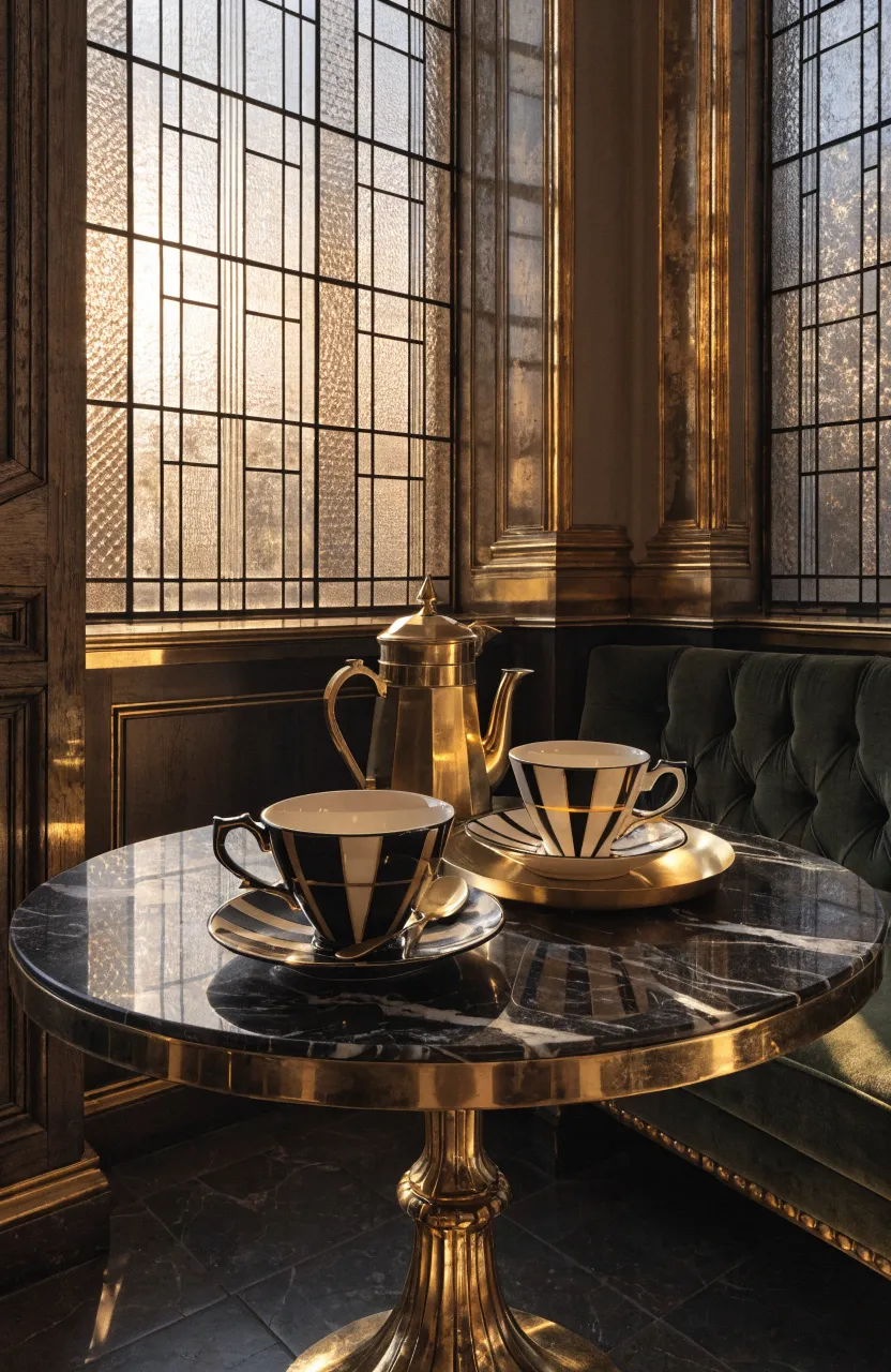 A sophisticated breakfast nook featuring Art Deco style coffee cups with gold trim on a marble table.