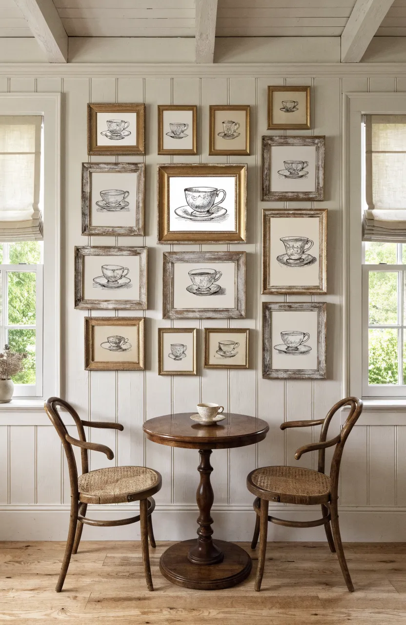 Framed fine-line sketches of teacups hanging on a kitchen wall above a small wooden table.