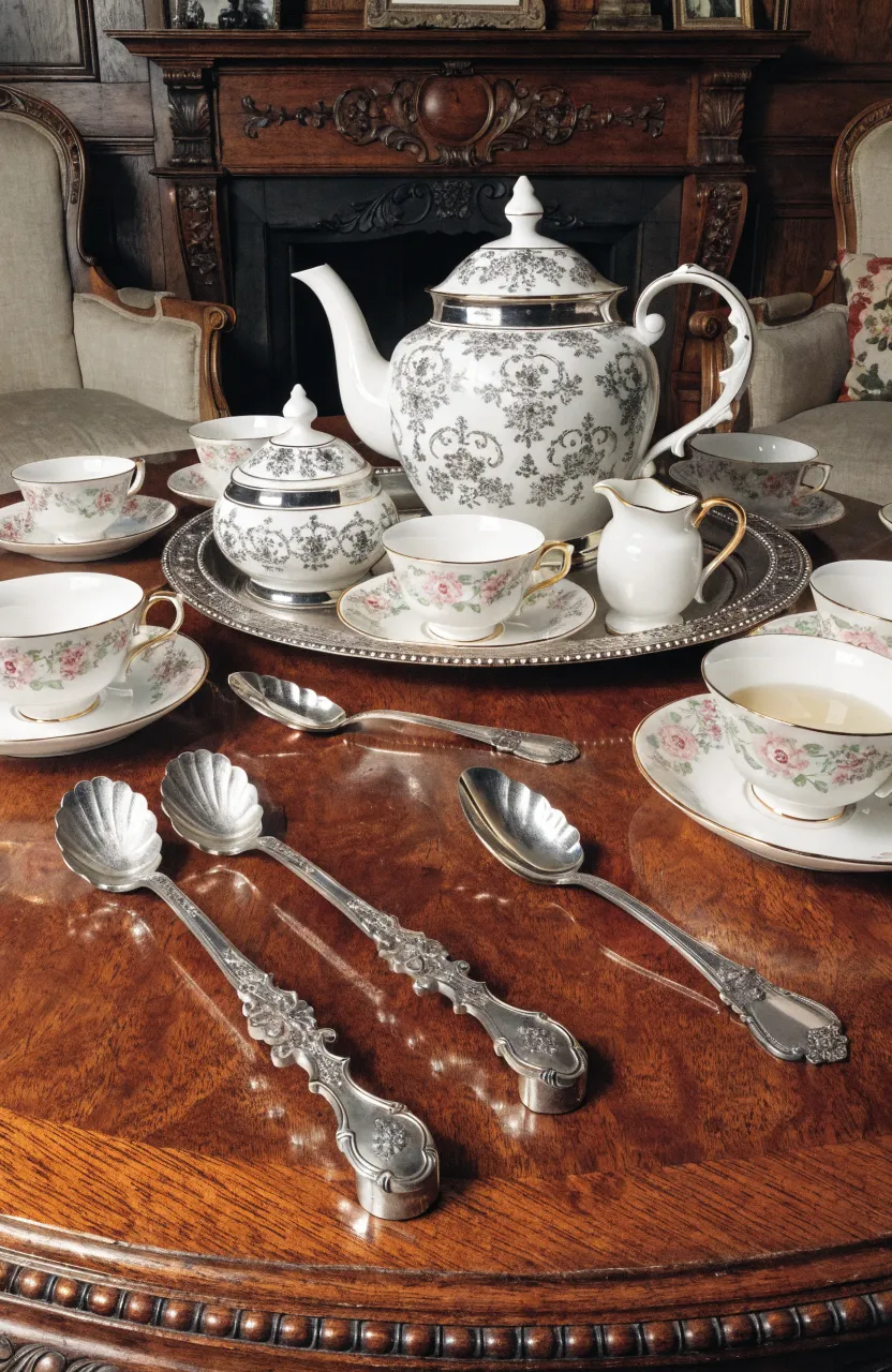 Sterling silver sugar tongs and floral-engraved spoons arranged on a mahogany table with a tea set.