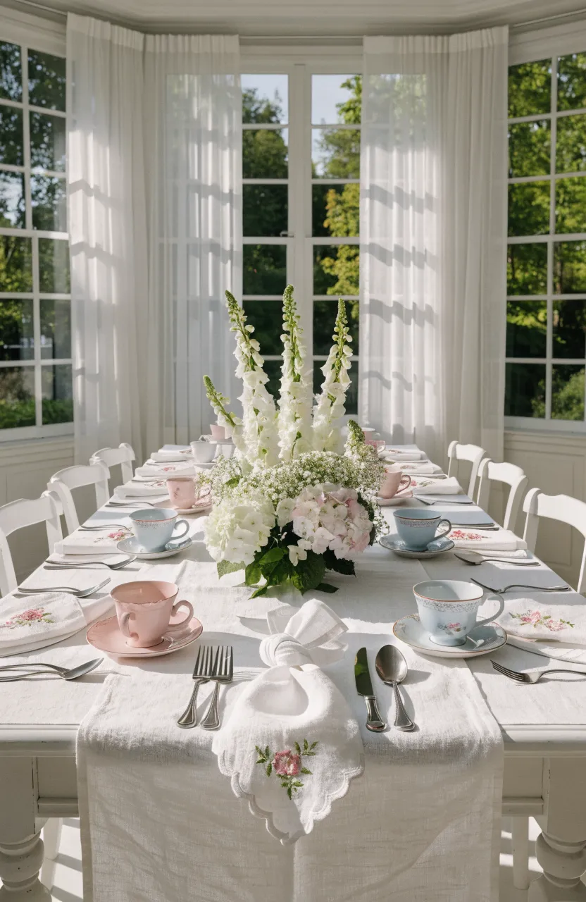 A dining table set with embroidered linen napkins and vintage teacups in a bright, sunlit room.