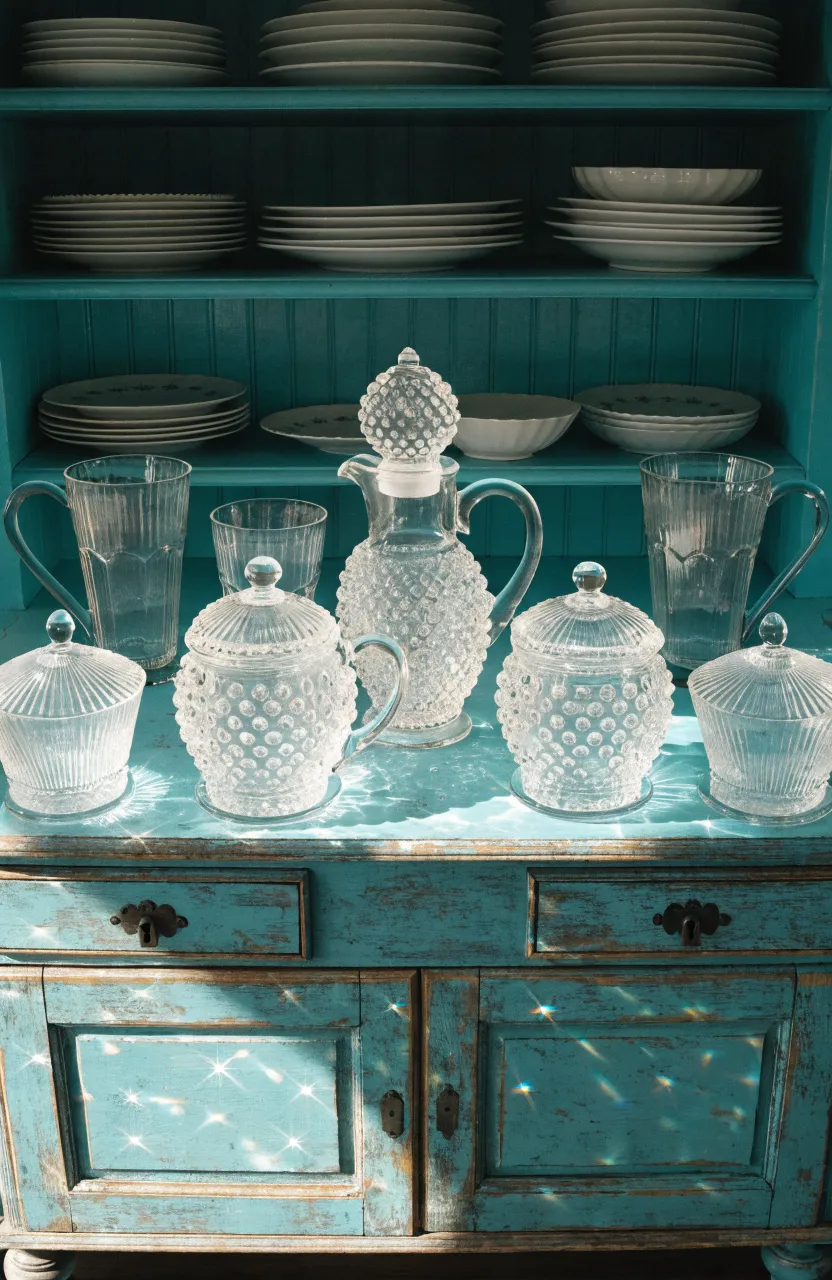 Intricate pressed glass creamer and sugar sets displayed on a vintage wooden kitchen hutch.