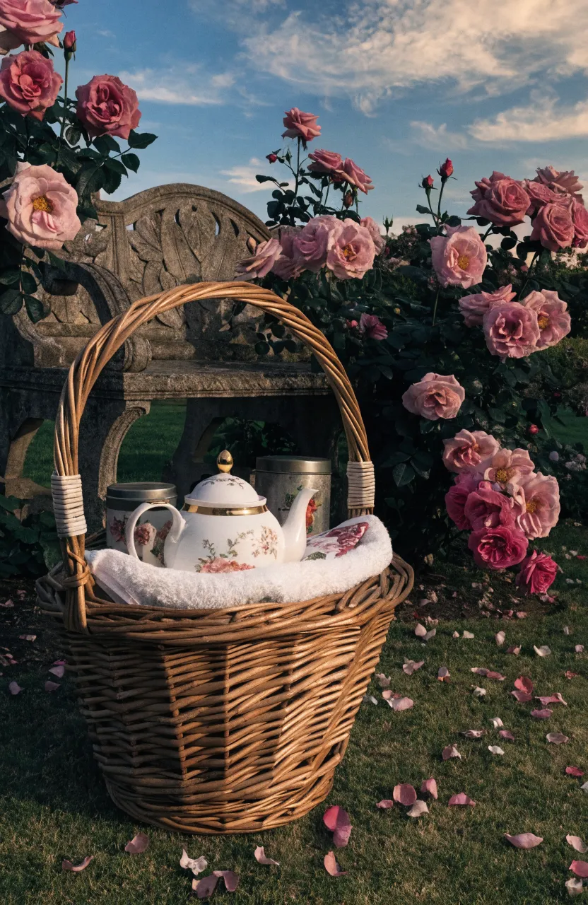 A woven willow basket filled with tea accessories sitting on a lush green lawn in a rose garden.