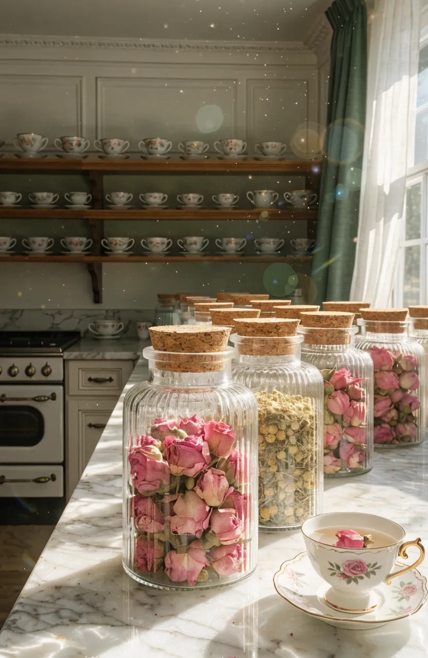 A vintage kitchen counter featuring glass jars of dried rosebuds next to floral teacups in soft light.