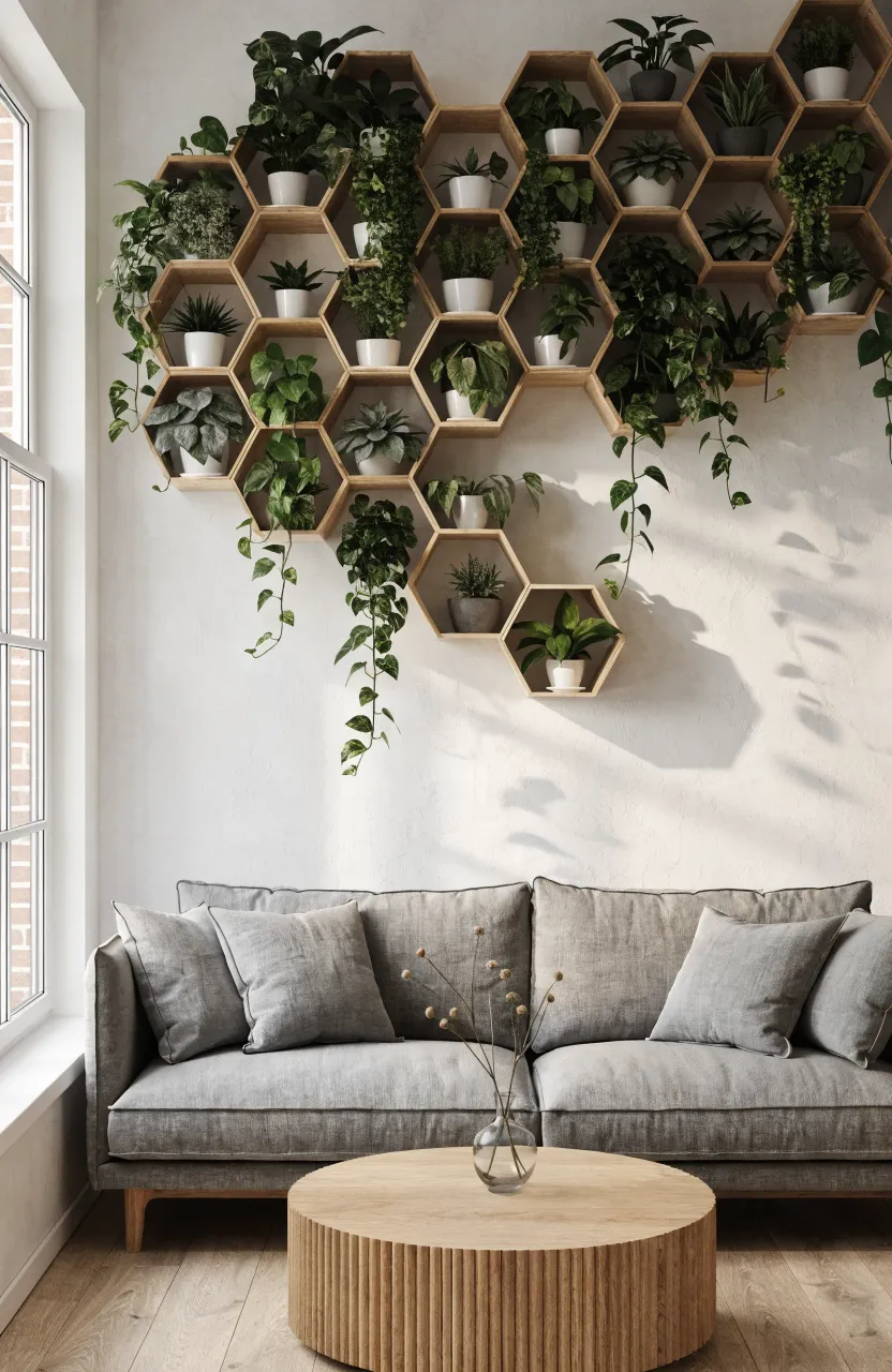 Geometric wooden honeycomb shelves on a white wall with trailing green ivy and pothos plants.