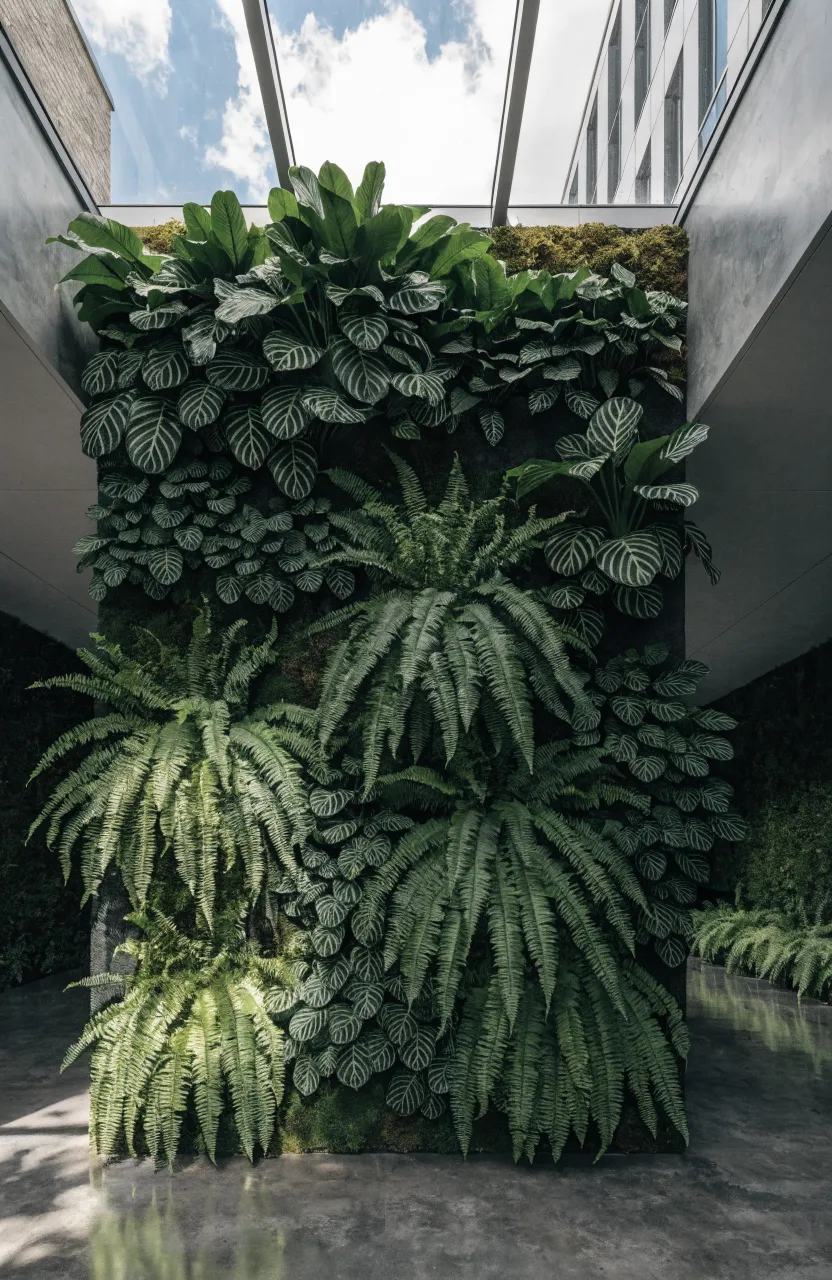 A lush, dense vertical garden wall made of felt pockets filled with ferns and tropical foliage.
