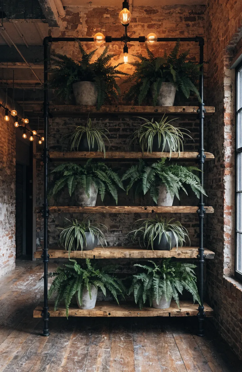 Black industrial pipe shelves with reclaimed wood holding ferns against a brick wall.