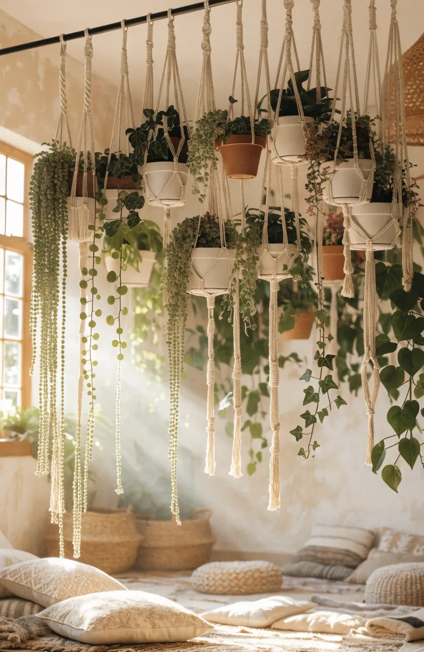Various macrame plant hangers suspended from a ceiling rod creating a green curtain effect.