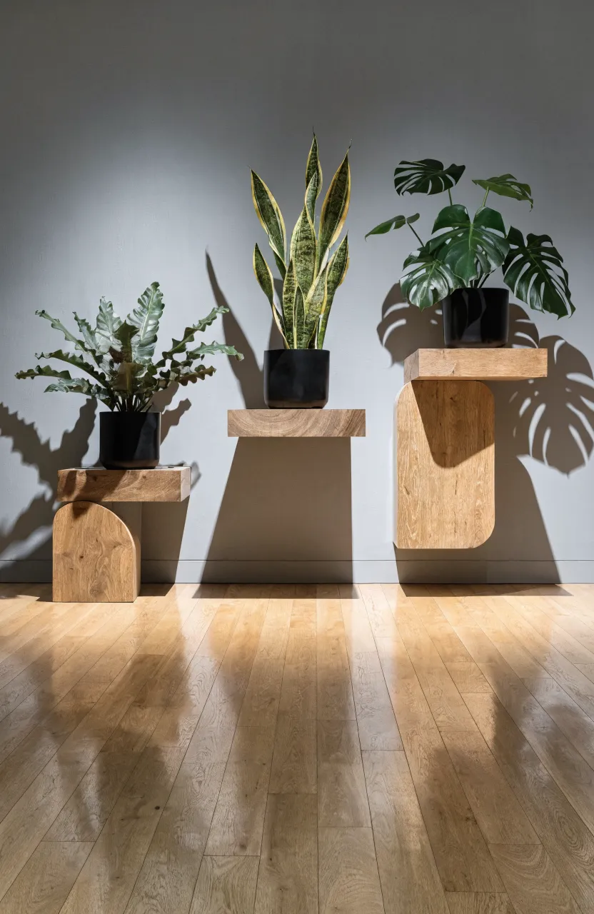 Individual floating wood blocks on a grey wall holding architectural statement plants.