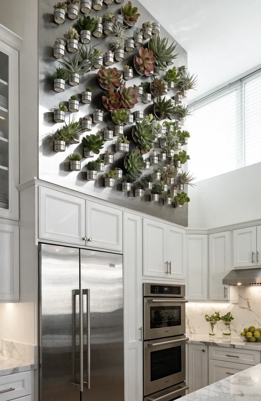 Small magnetic metal tins with succulents attached to a stainless steel wall panel in a kitchen.