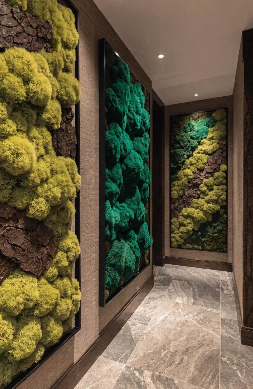 Three large black-framed panels of various green preserved mosses hanging on an indoor wall.