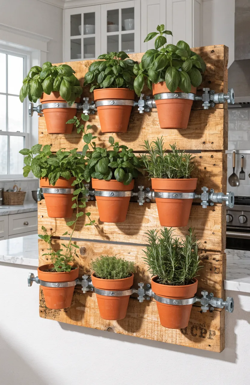 A rustic wooden pallet mounted on a white wall holding terracotta pots filled with fresh green herbs.
