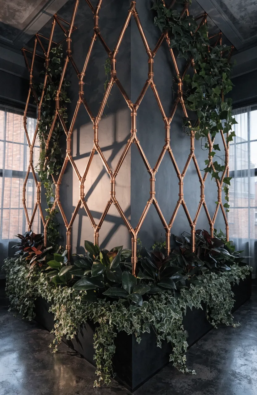 A geometric copper pipe trellis with climbing ivy vines against a dark grey modern interior wall.