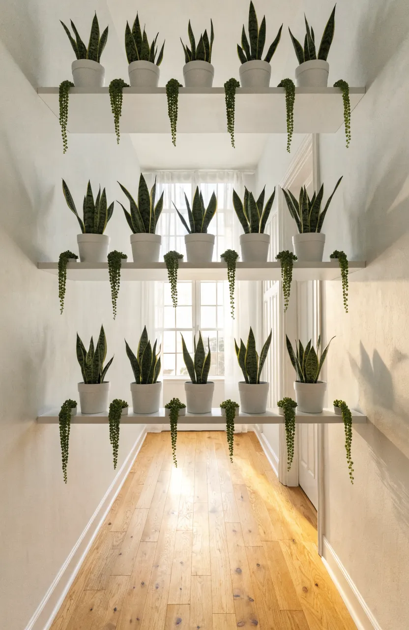 Rows of white picture ledges on a white wall holding identical white pots with green trailing plants.