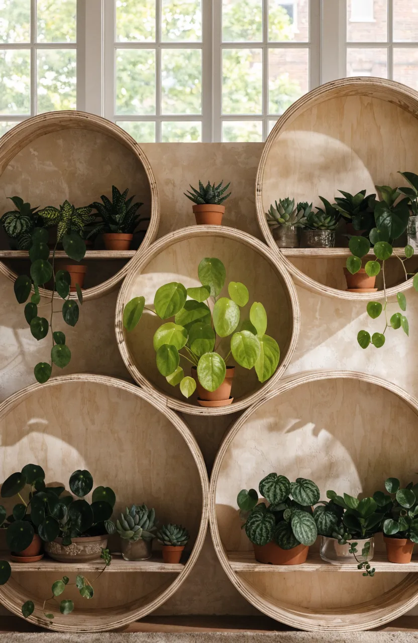 A collection of round wooden shelves mounted on a beige wall, each holding plants with rounded leaves.