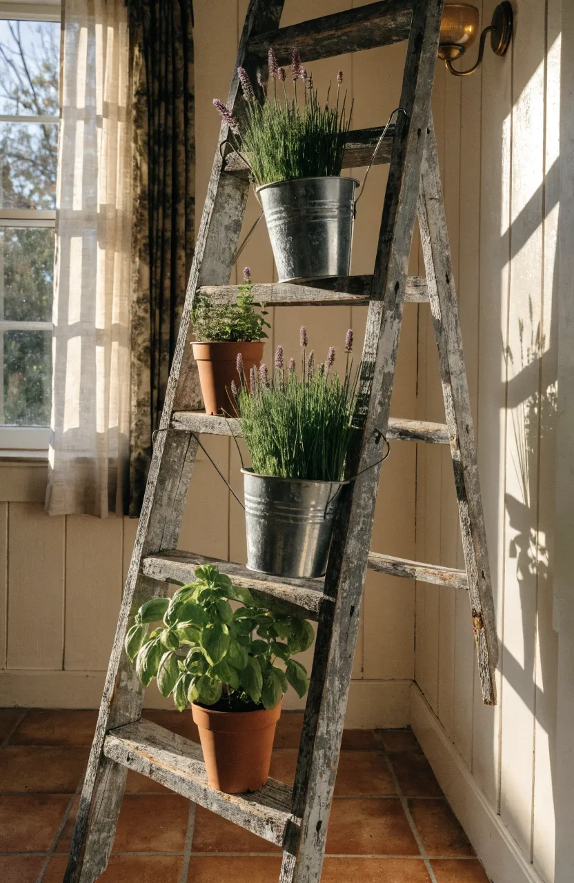 A vintage wooden ladder leaning against a wall, used as a multi-tiered stand for various potted herbs.