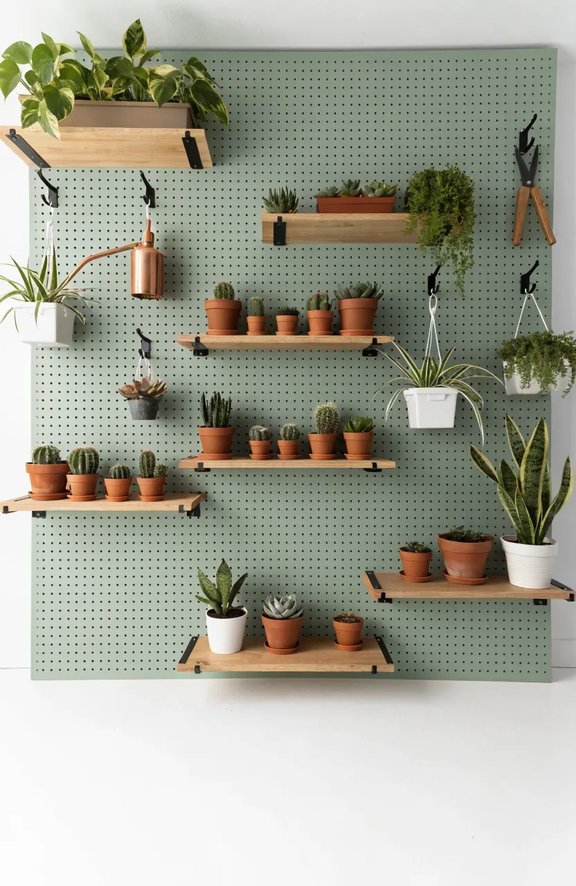 A sage green pegboard wall with wooden shelves and hooks holding various small plants and gardening tools.