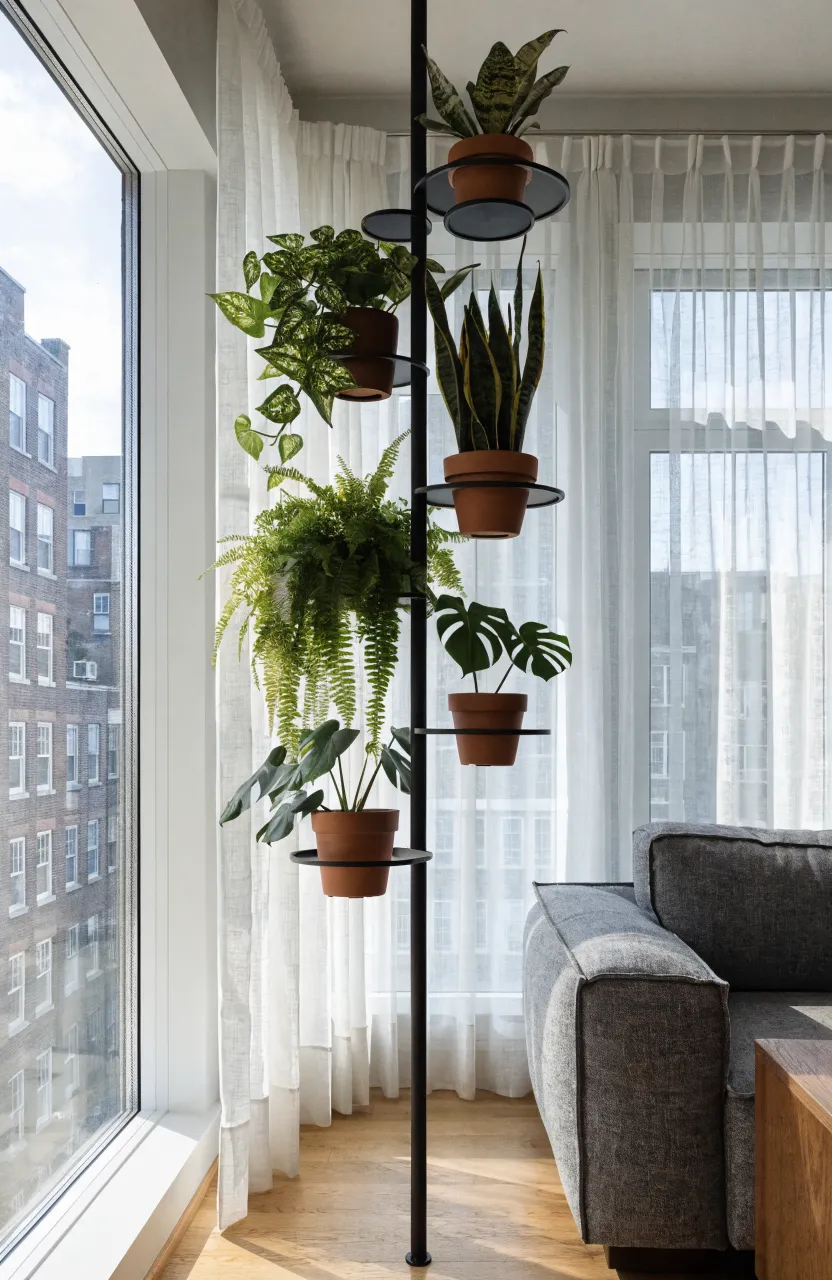 A vertical black tension pole with swivel trays holding various green plants in a bright modern room.