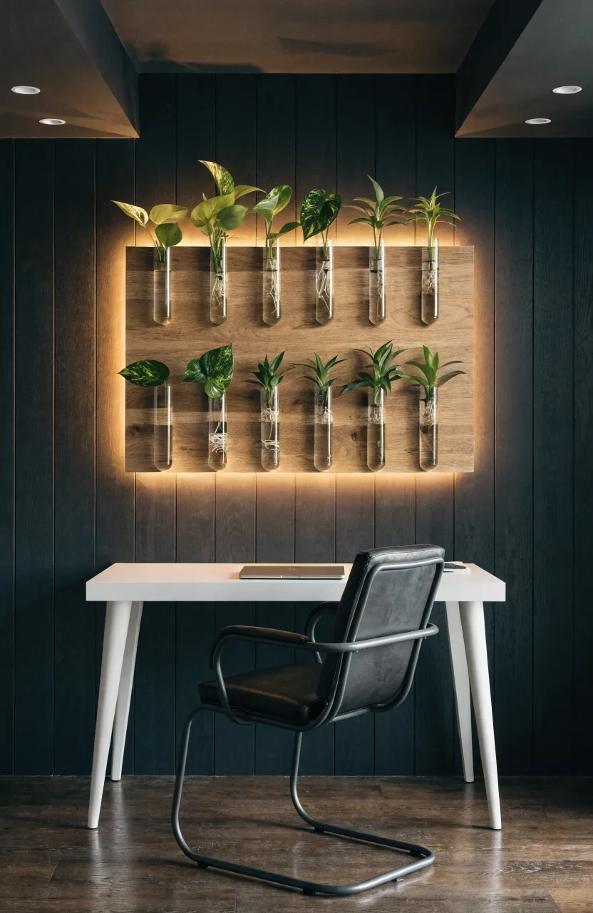 Glass vials with plant cuttings mounted on a glowing wooden board against a dark wall.